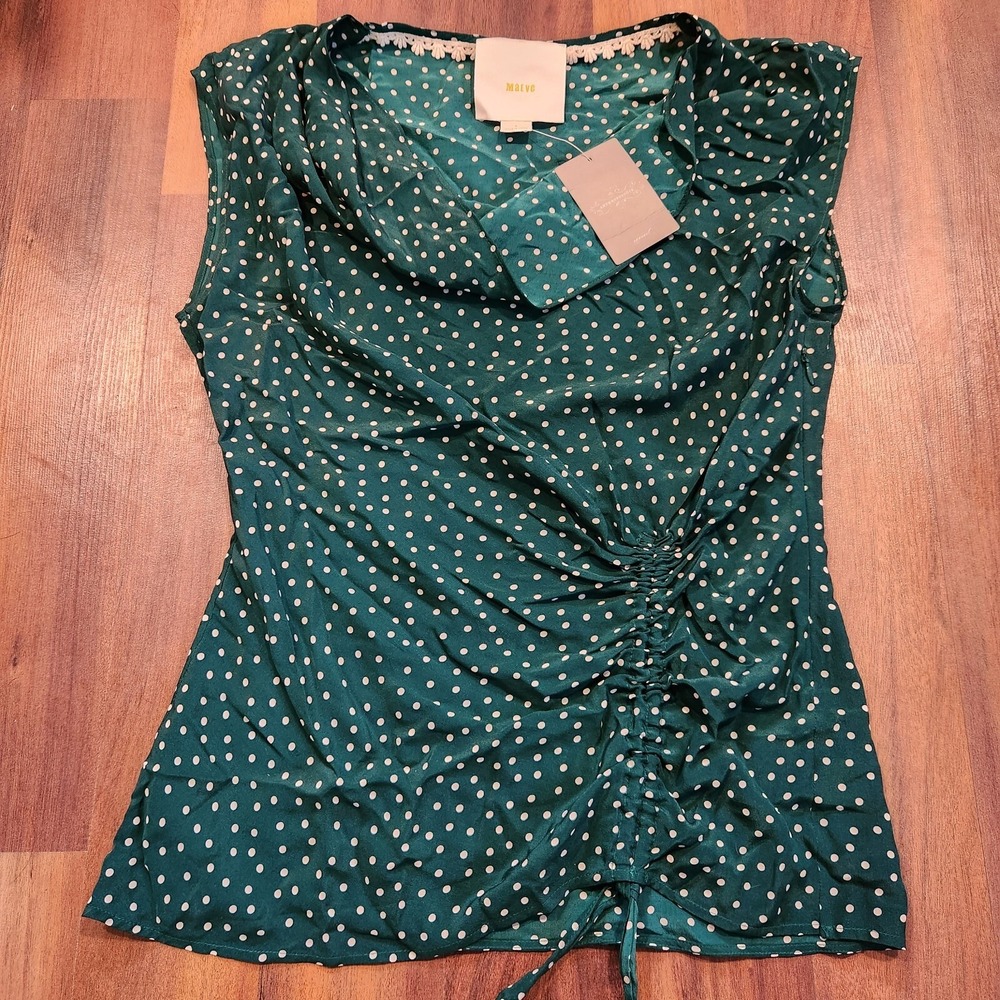 Maeve Green Polka Dot Draped Cowl Neck Cap Sleeve Blouse Womens Size 4 NWT